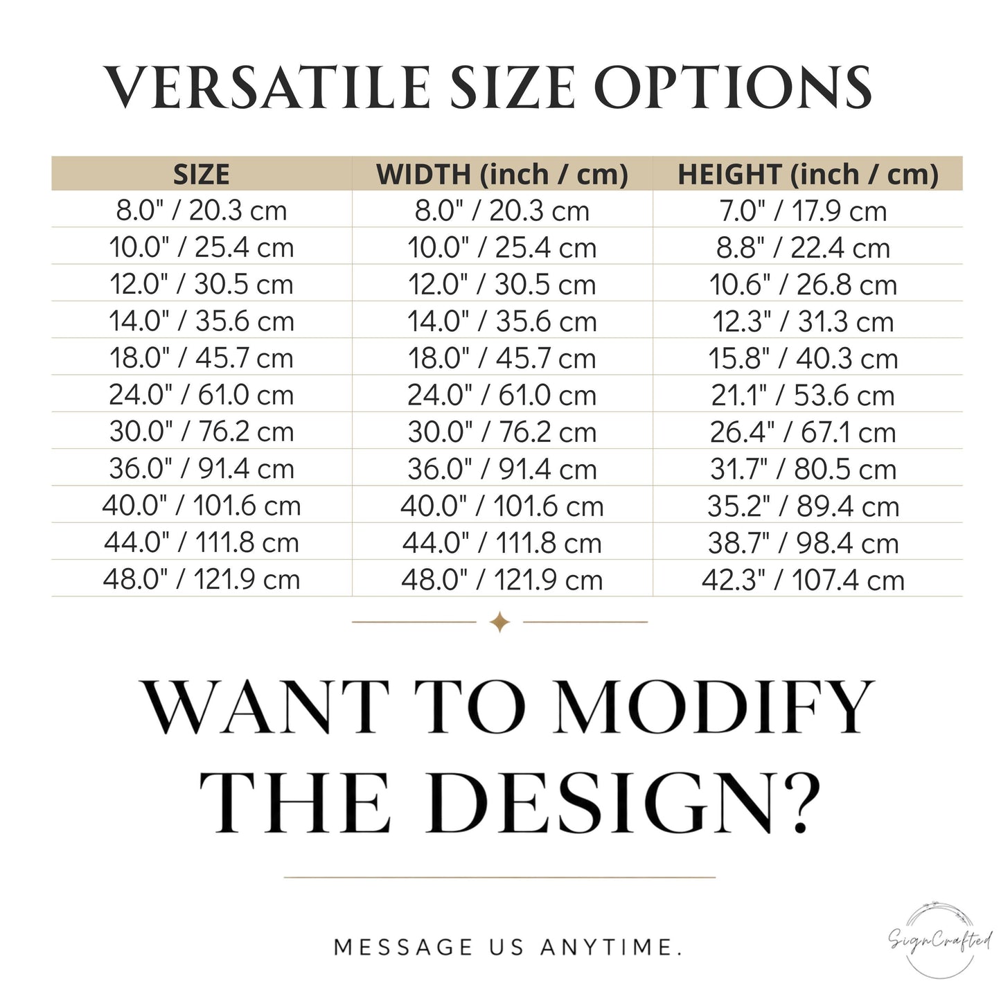 a table with various size options and corresponding widths and heights in inches and centimeters. The table provides a visual representation of the different size options available, allowing users to choose the most suitable option for their design. The message at the bottom encourages users to modify the design, but it does not provide specific guidance on how to do so.