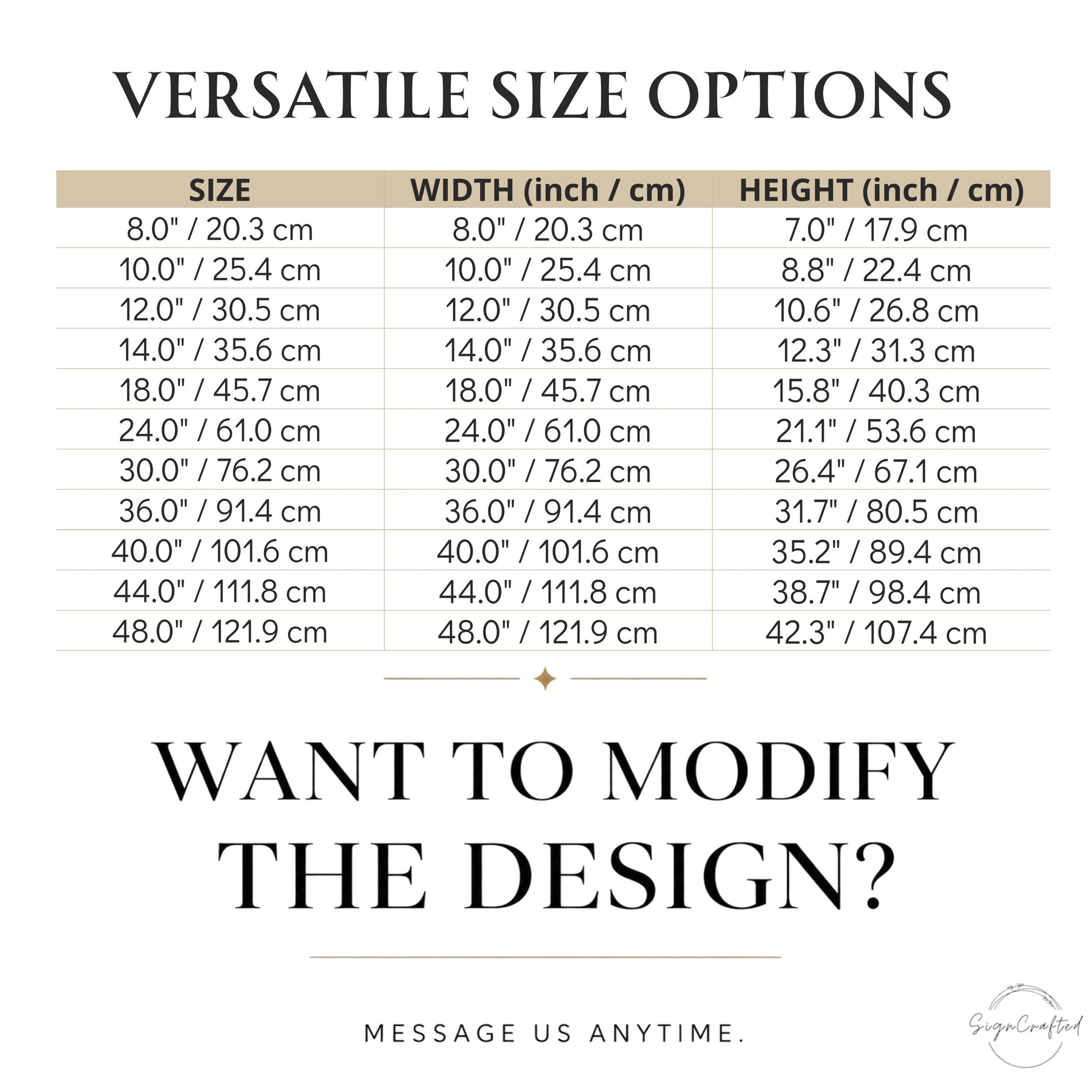 a table with various size options and corresponding widths and heights in inches and centimeters. The table provides a visual representation of the different size options available, allowing users to choose the most suitable option for their design. The message at the bottom encourages users to modify the design, but it does not provide specific guidance on how to do so.