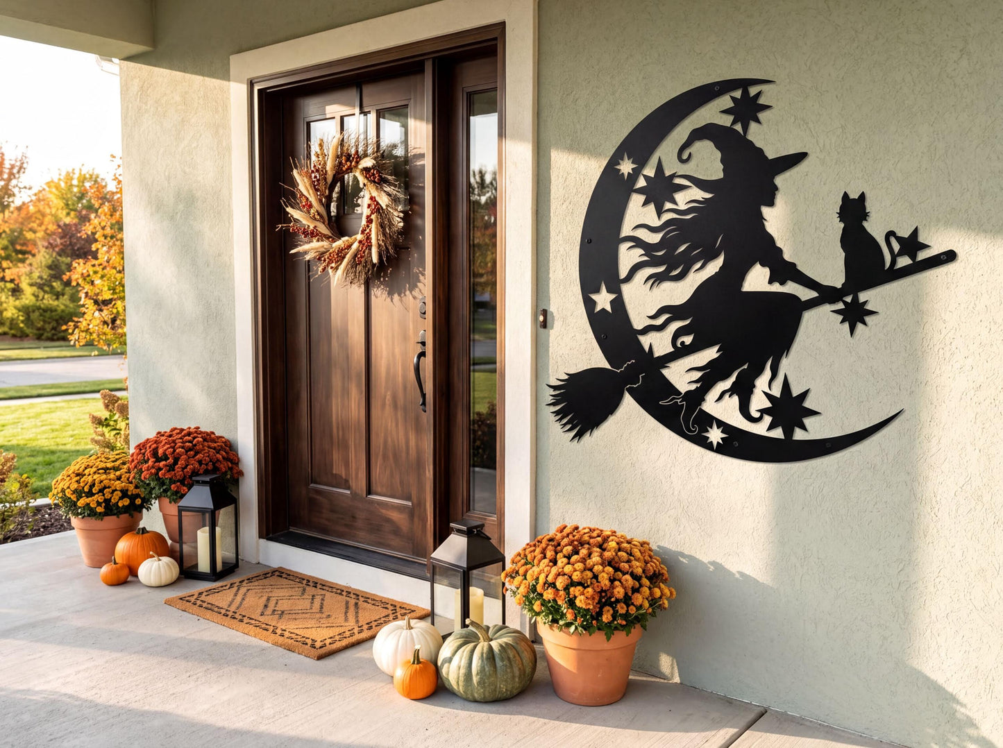 a Halloween-themed front porch decorated with a wreath, pumpkins, and a large metal cutout of a witch riding a broomstick.