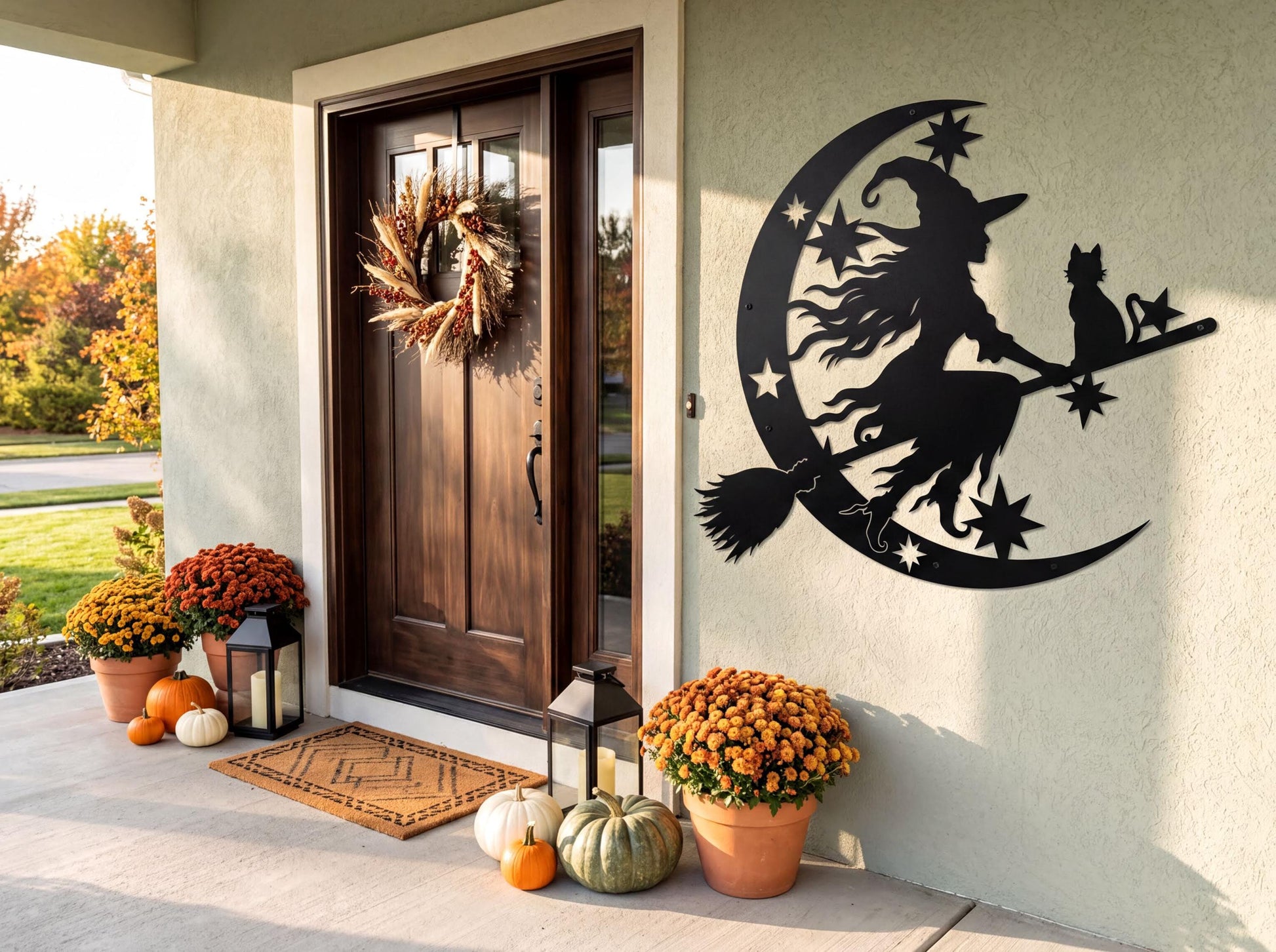 a Halloween-themed front porch decorated with a wreath, pumpkins, and a large metal cutout of a witch riding a broomstick.