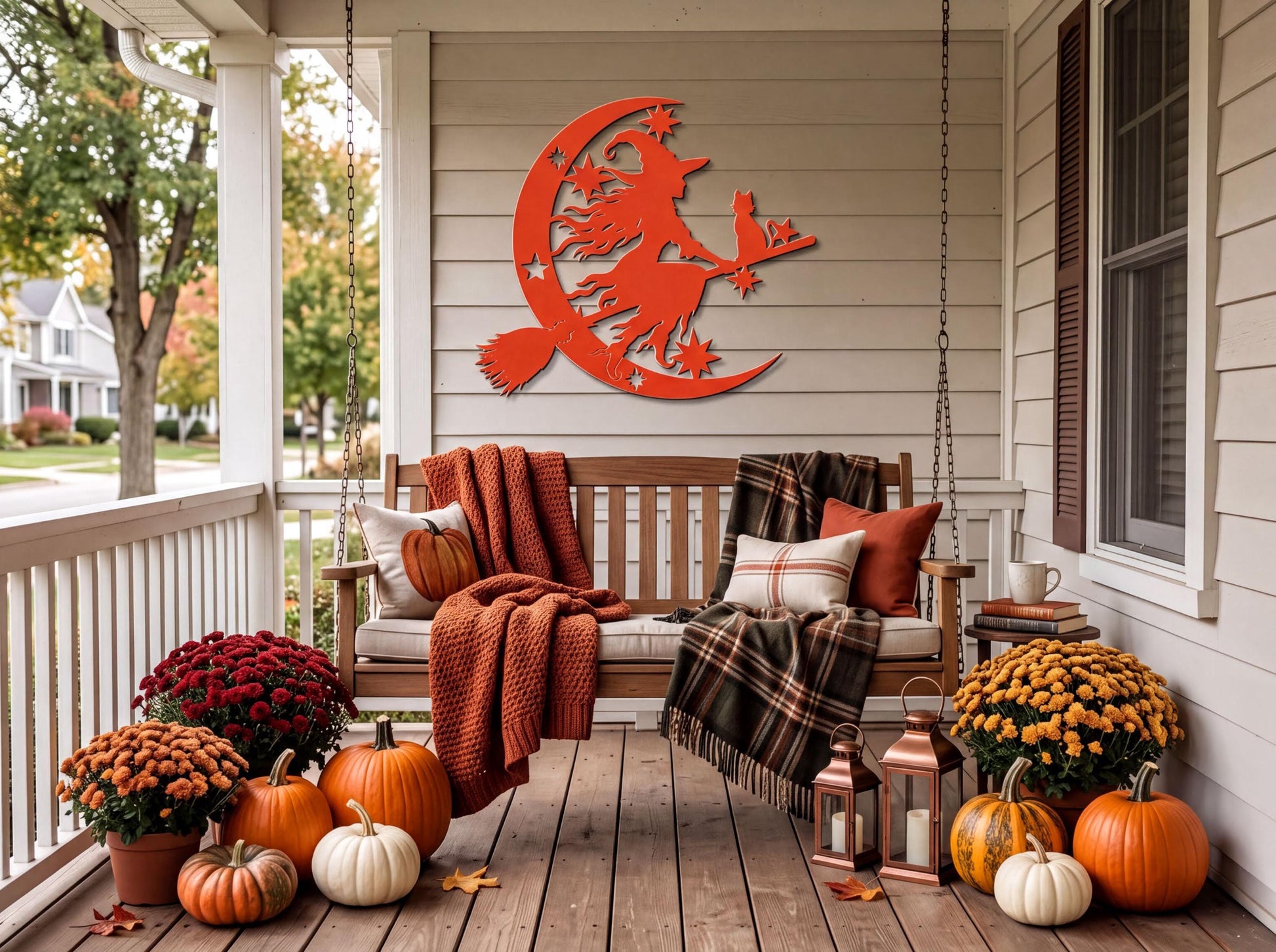 a porch decorated for Halloween with a large orange crescent moon and a witch silhouette on the wall. The porch has a wooden bench, a plaid blanket, and several pumpkins and mums arranged around it.