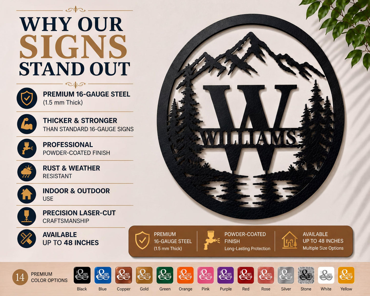 The image is an advertisement for a personalized sign that features a mountain landscape with the name 'Williams' prominently displayed. The sign is made of premium 16-gauge steel and is available in various sizes up to 48 inches. The sign is designed to be durable and weather-resistant, with a professional finish. It is also available in multiple colors, including black, blue, copper, gold, green, orange, pink, red, silver, and white.