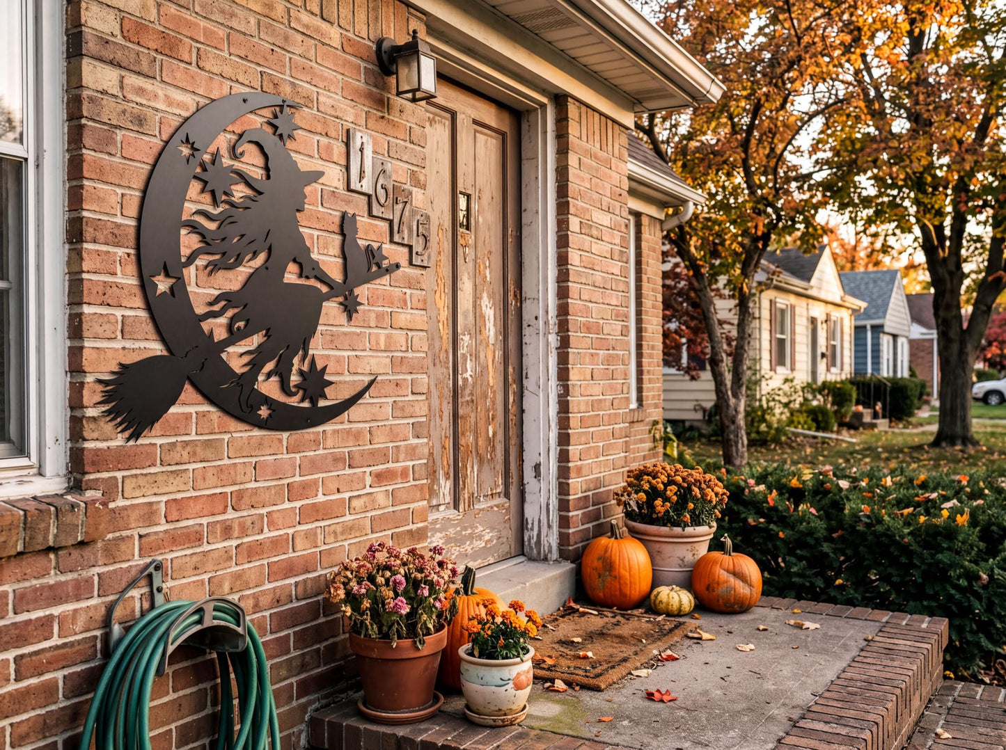 a brick house with a Halloween-themed decoration on the wall, including a crescent moon and stars. The house has a porch with pumpkins, flowers, and a Halloween-themed mat.