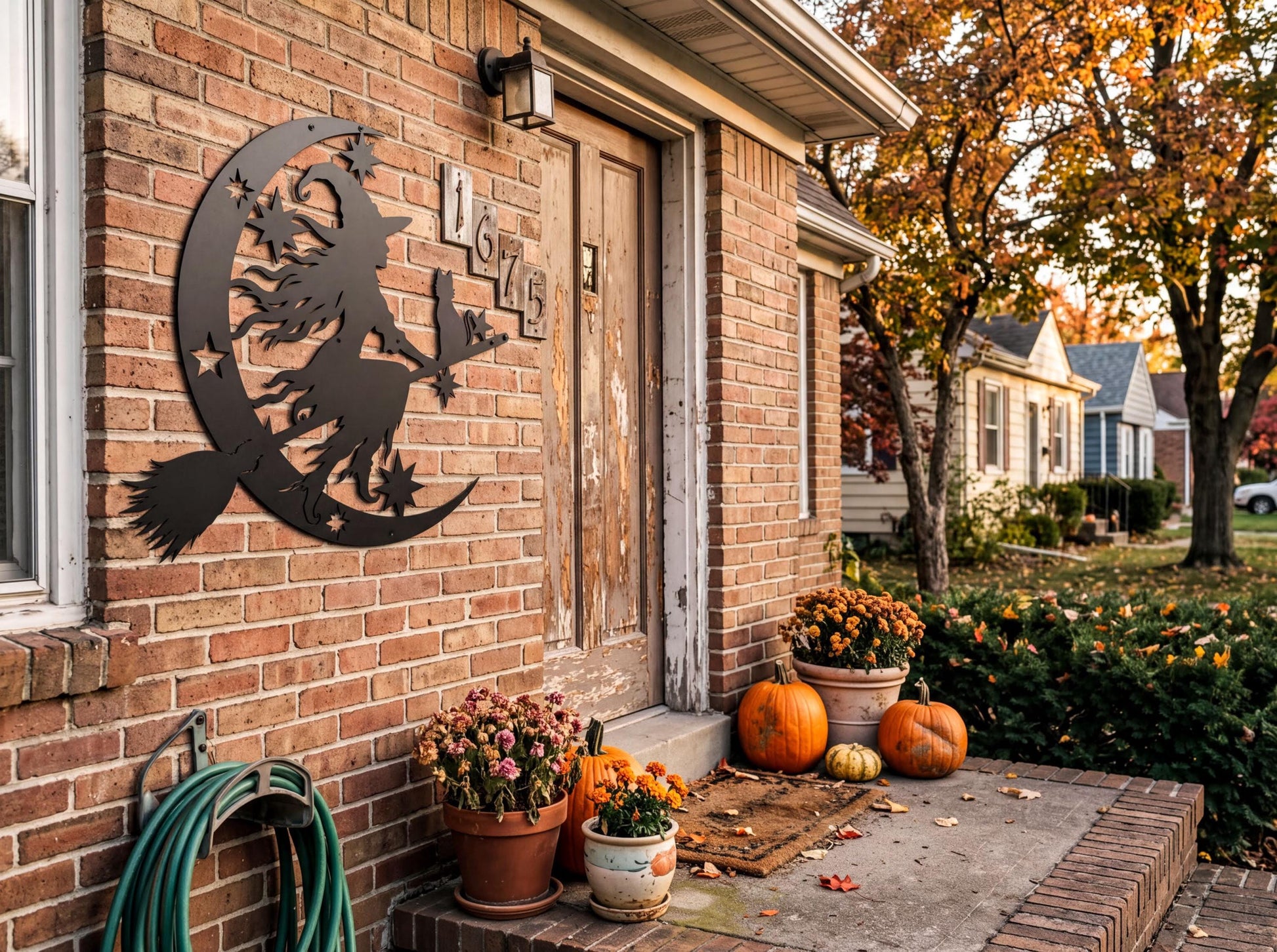 a brick house with a Halloween-themed decoration on the wall, including a crescent moon and stars. The house has a porch with pumpkins, flowers, and a Halloween-themed mat.