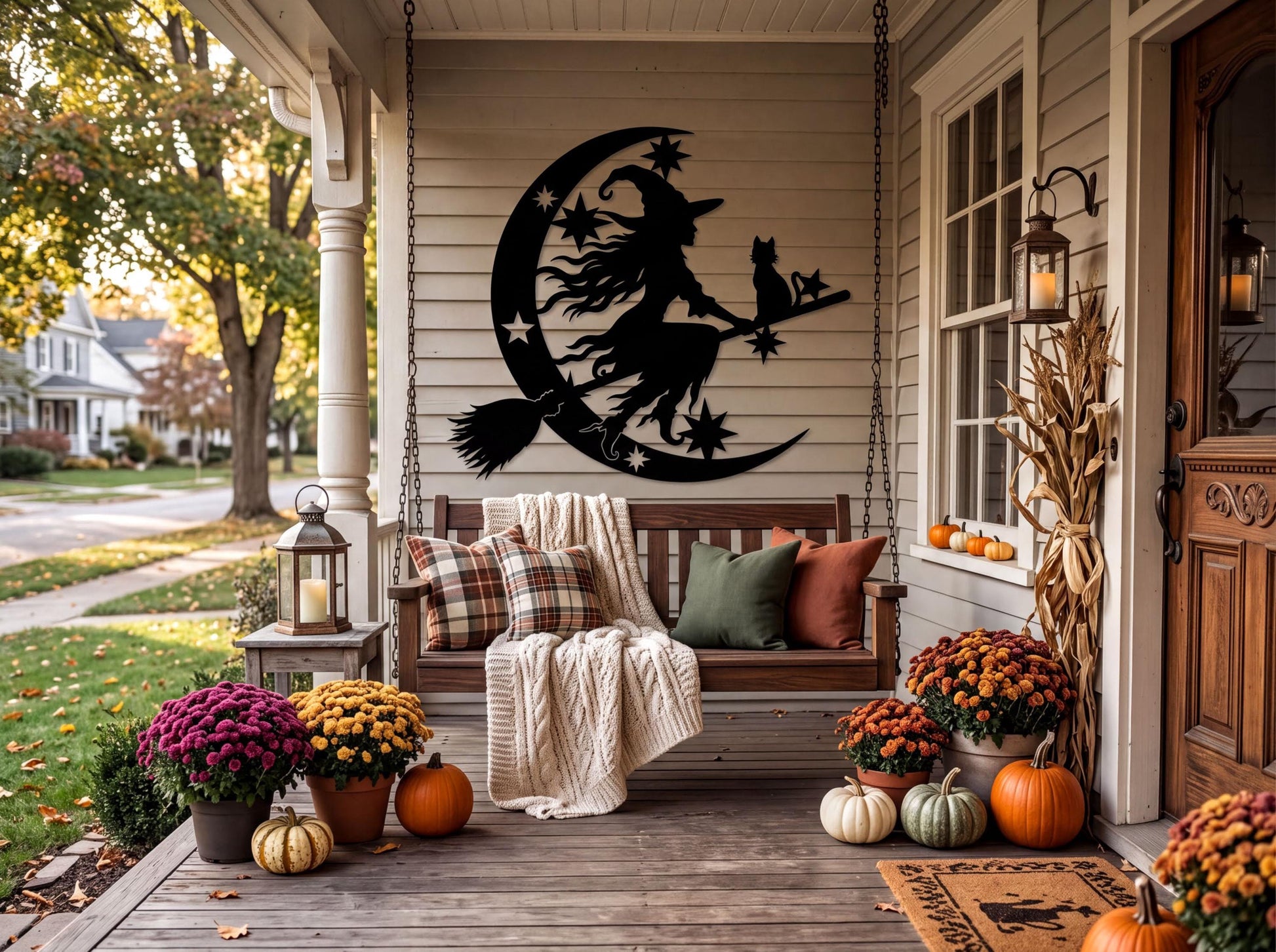 a cozy autumn scene on a porch, featuring a large black silhouette of a witch riding a broomstick, surrounded by pumpkins, gourds, and other fall decorations.