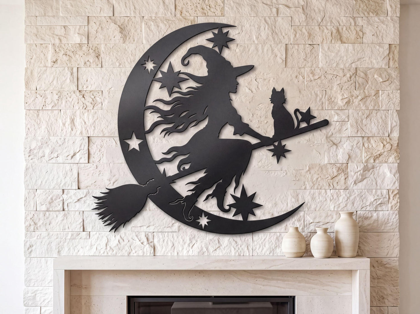 a black silhouette of a witch riding a broomstick with a cat on her shoulder, set against a stone wall backdrop.