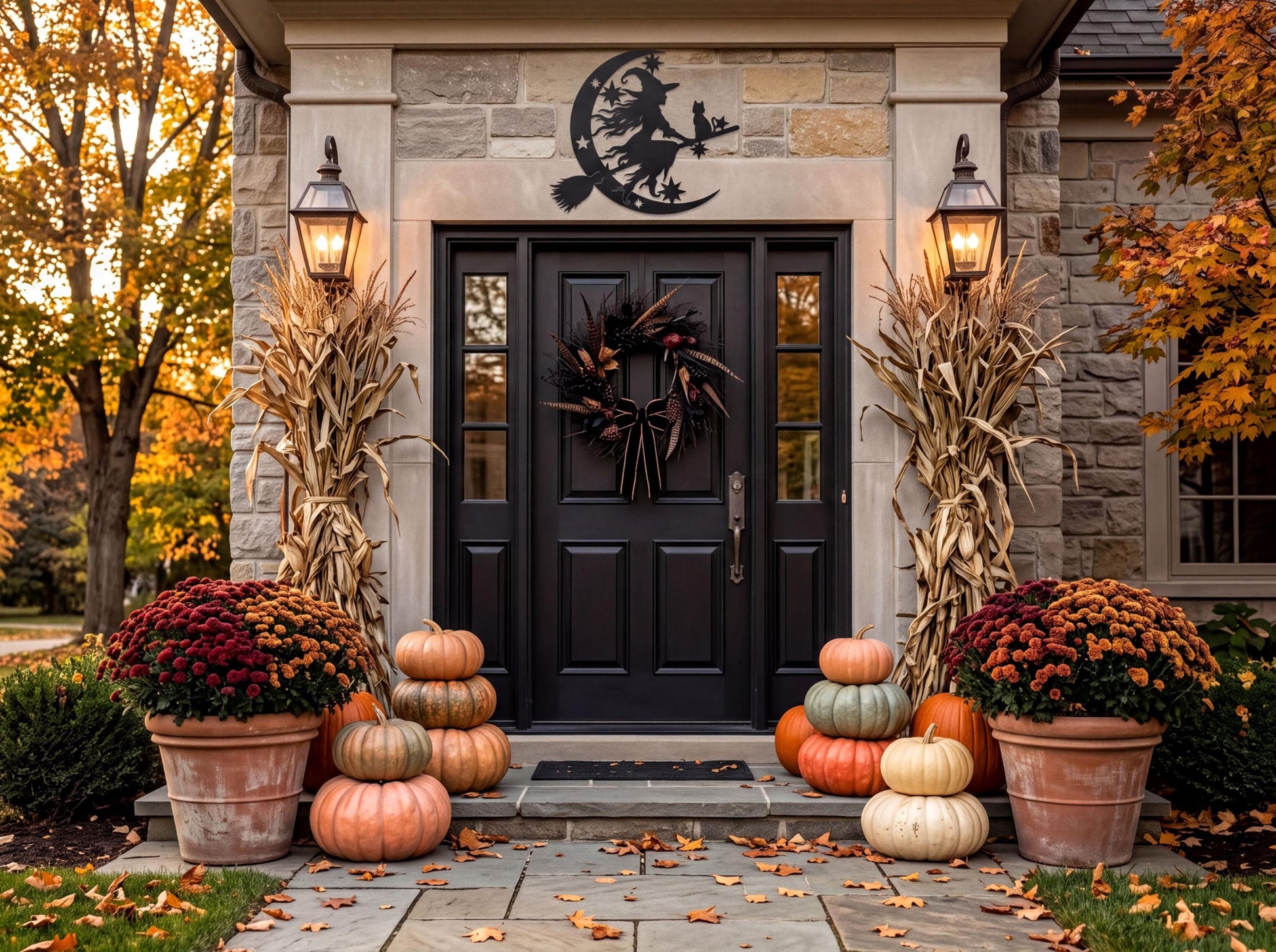 a front porch decorated for Halloween, featuring a black door, a wreath, and a variety of pumpkins and flowers.