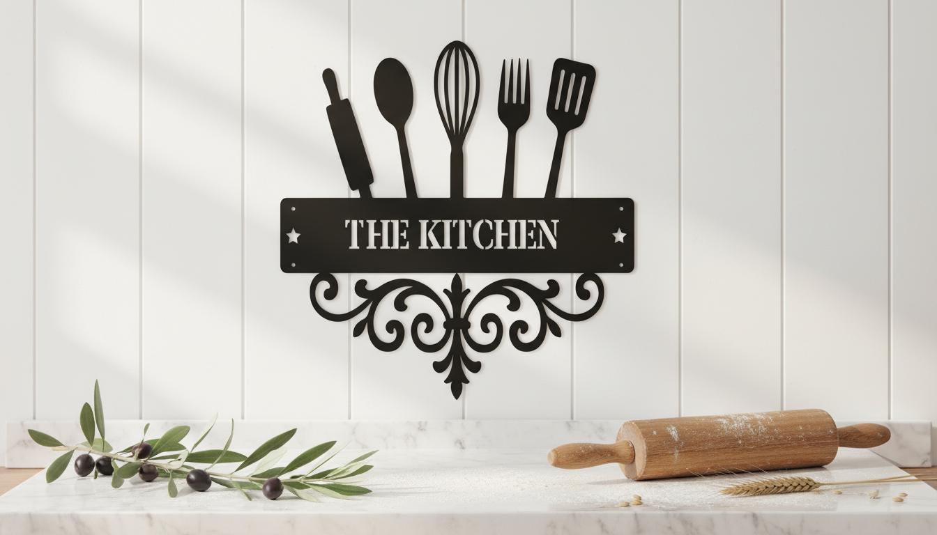 a kitchen-themed wall decoration with various cooking utensils, including a rolling pin, a whisk, a spatula, and a ladle, arranged in a decorative manner. The wall decoration is mounted above a marble countertop, which has a wooden rolling pin, a wooden spoon, and a wooden bowl on it. The wall decoration also displays the text "THE KITCHEN" in a decorative font.