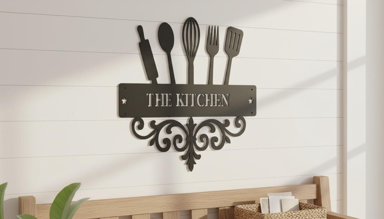 a decorative metal sign that reads "THE KITCHEN" mounted on a wall.