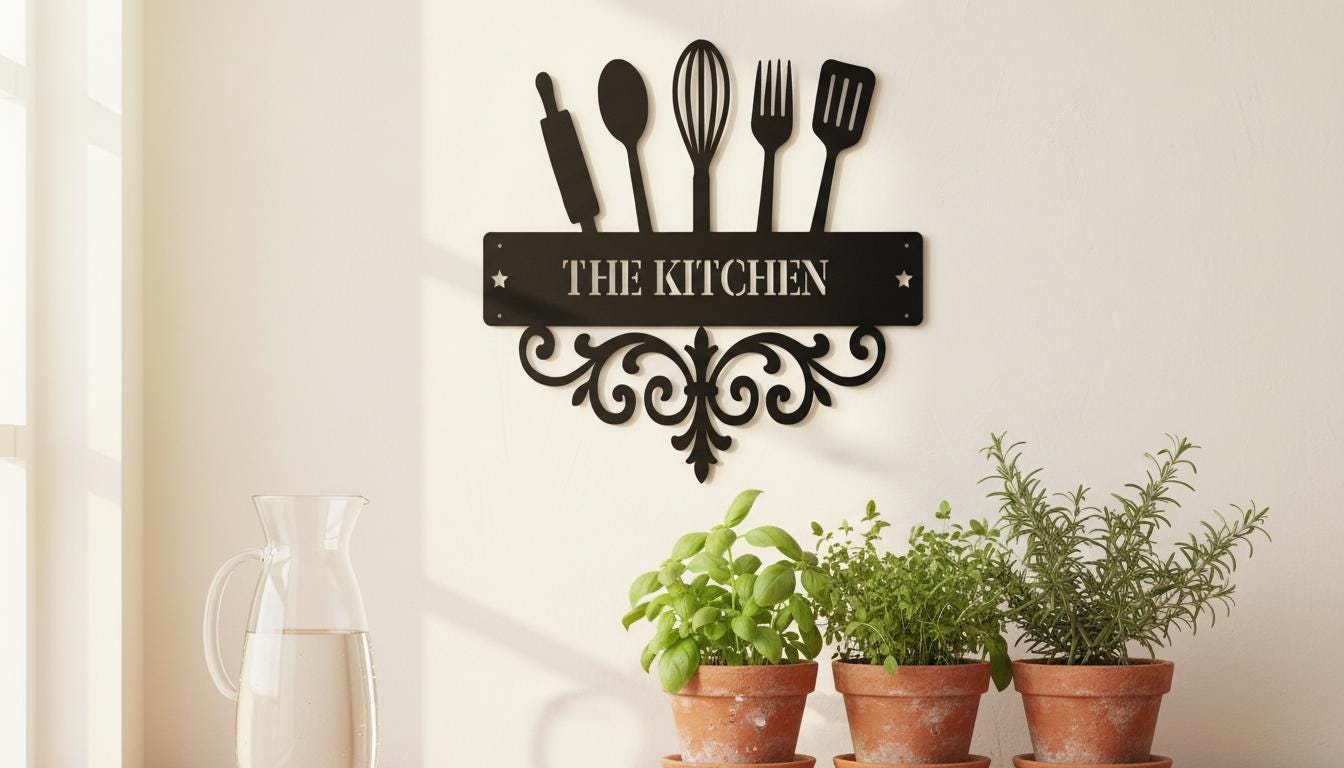 a kitchen-themed wall decoration with a black metal frame displaying the word "THE KITCHEN" above a decorative scroll design. Below the frame, there are three potted plants with green leaves, creating a cozy and inviting atmosphere.