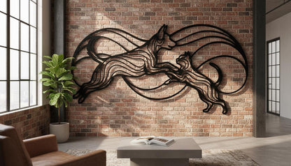 a modern living room with a large black metal sculpture of a cat and a dog on the brick wall, creating a striking visual focal point. The room is furnished with a leather couch, a coffee table, and a potted plant, creating a cozy and inviting atmosphere.