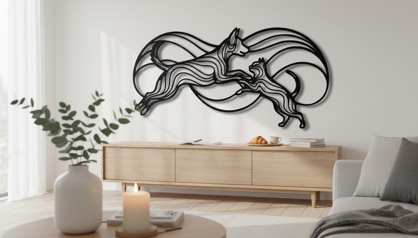 a modern living room with a large black metal wall art depicting a stylized cat or feline figure. The room is furnished with a couch, a coffee table, and a wooden cabinet. There is also a potted plant and a candle on the coffee table, adding to the cozy and inviting atmosphere of the space.