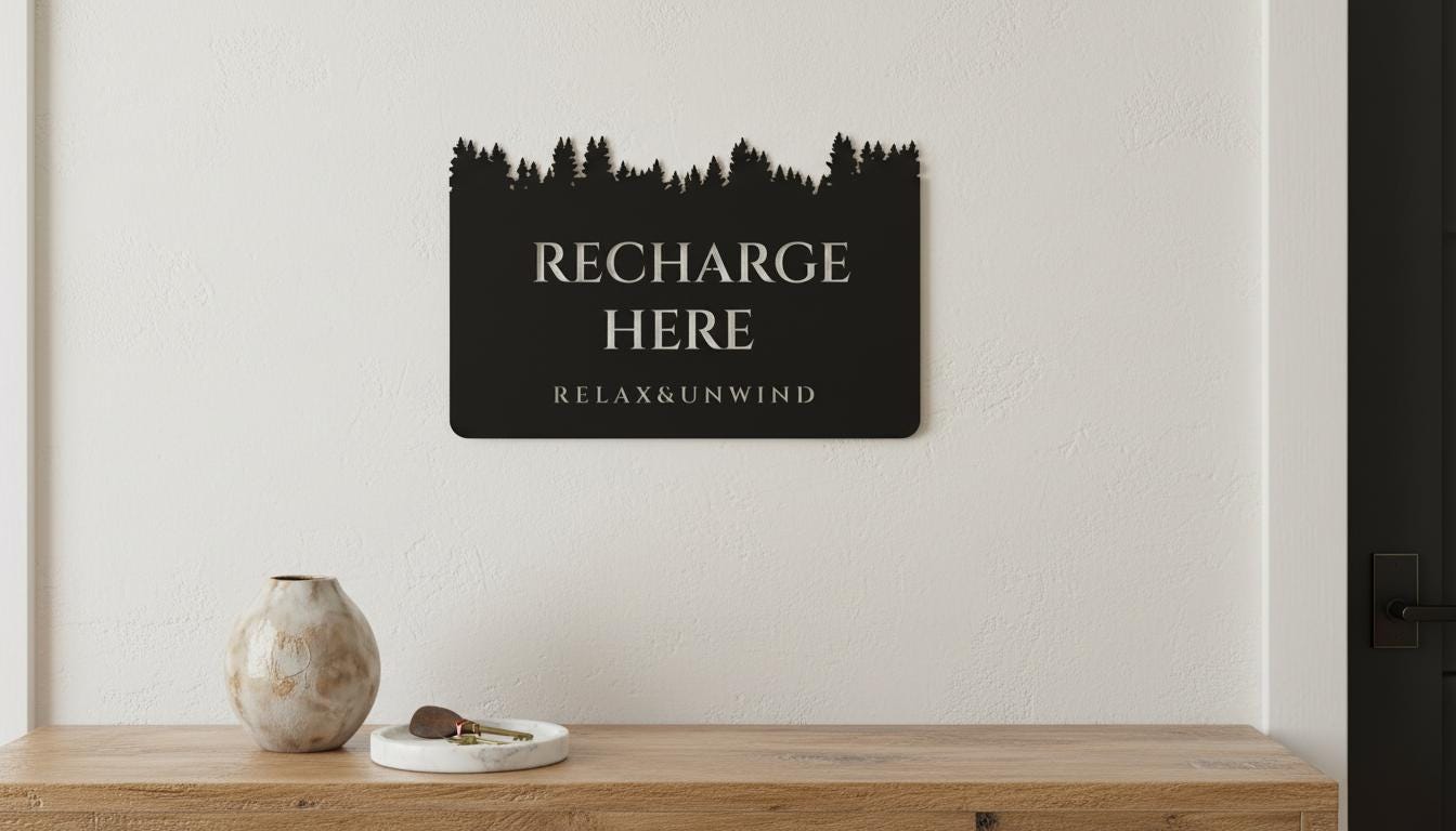 a black sign with white text that reads "RECHARGE HERE" and "RELAX&UNWIND" hanging on a white wall above a wooden table.