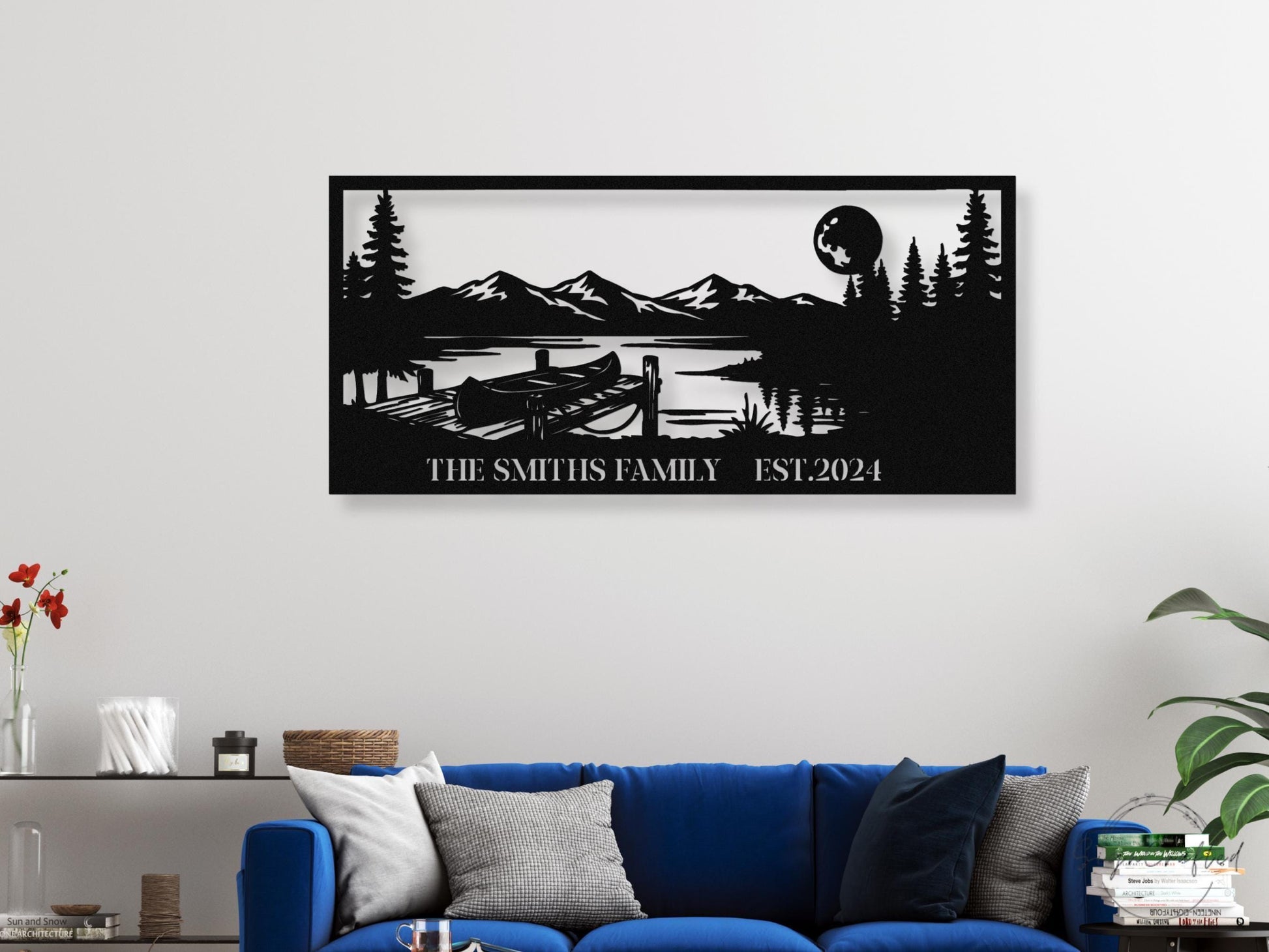 Personalized Canoe Dock Mountain Scene Metal Wall Art, Custom Family Name Lake House Decor