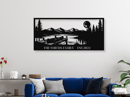 Personalized Canoe Dock Mountain Scene Metal Wall Art, Custom Family Name Lake House Decor