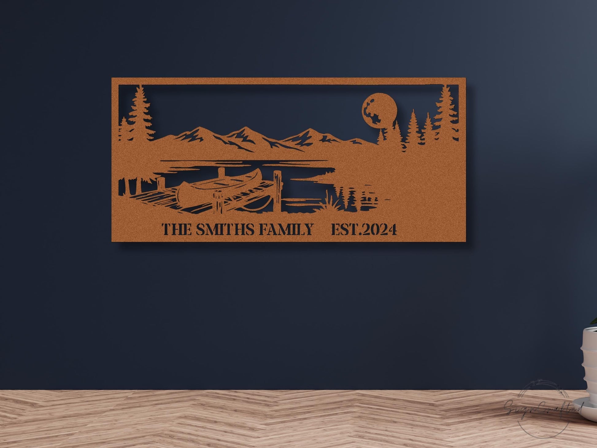Personalized Canoe Dock Mountain Scene Metal Wall Art, Custom Family Name Lake House Decor