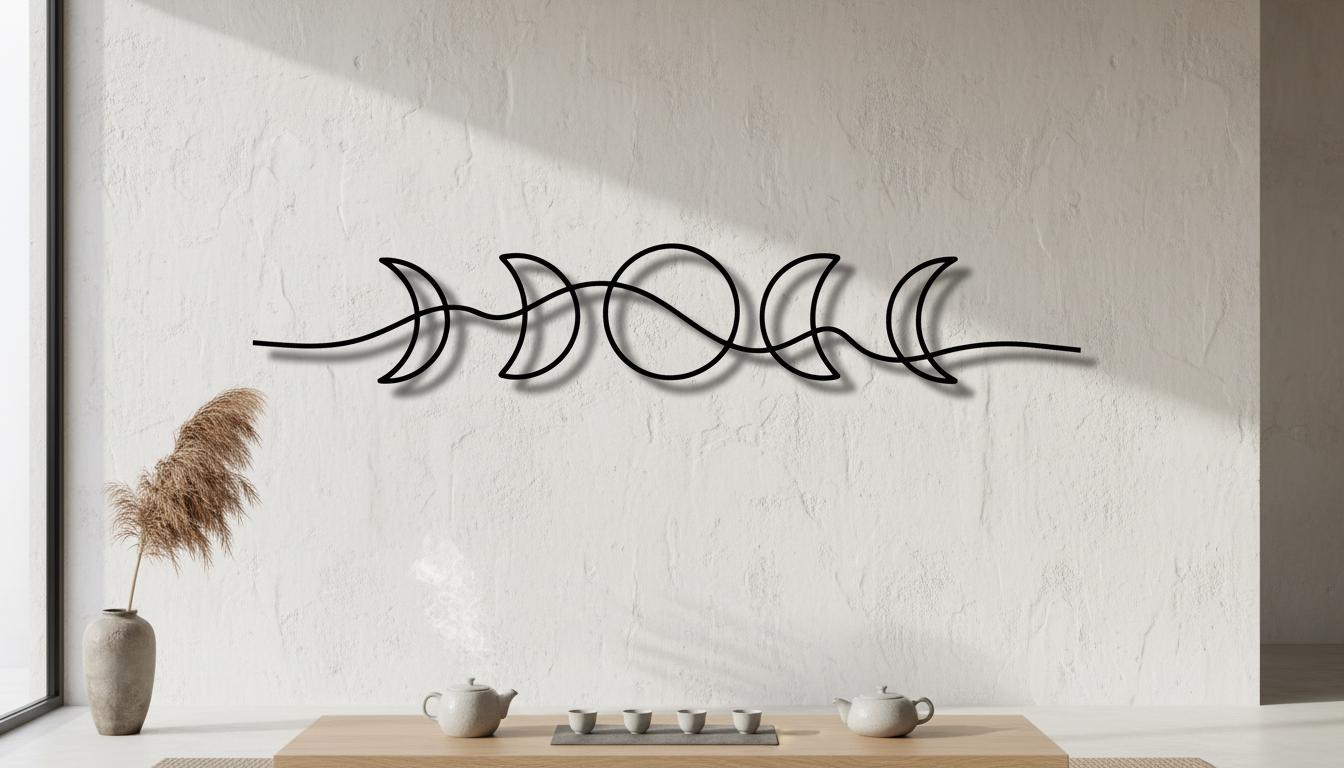 a minimalist design with a wall art piece depicting the phases of the moon, including crescent, waxing, full, and waning. The art piece is mounted on a white wall, and there is a wooden table with a teapot and cups in front of it.