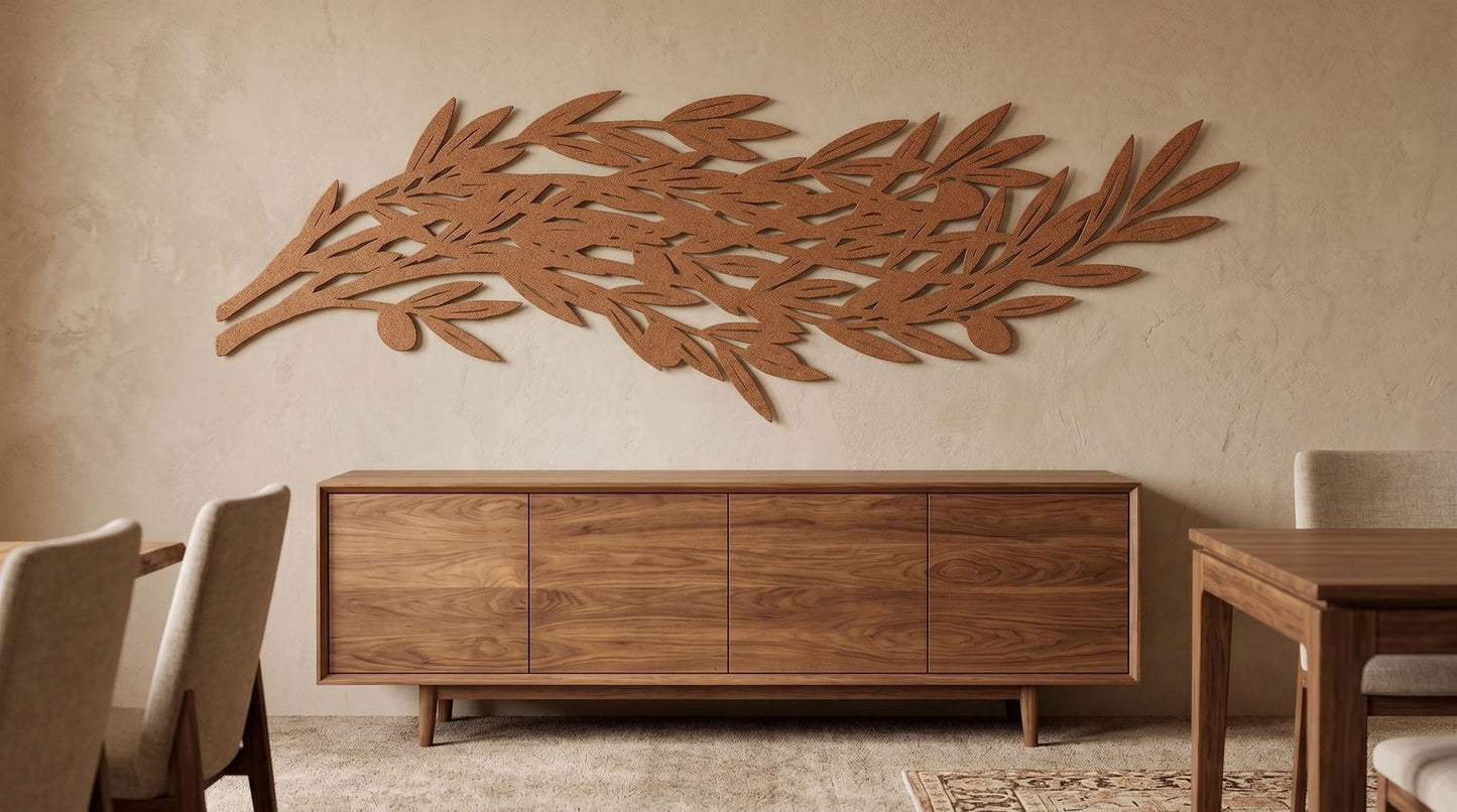 a modern dining room with a wooden cabinet and chairs. The cabinet has a leaf-shaped design on the wall above it, adding a unique decorative element to the space.