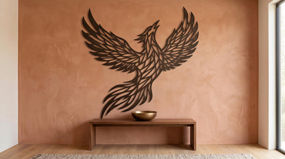 a wooden bench with a bowl on it, set against a peach-colored wall with a large, stylized bird sculpture or artwork hanging above it.