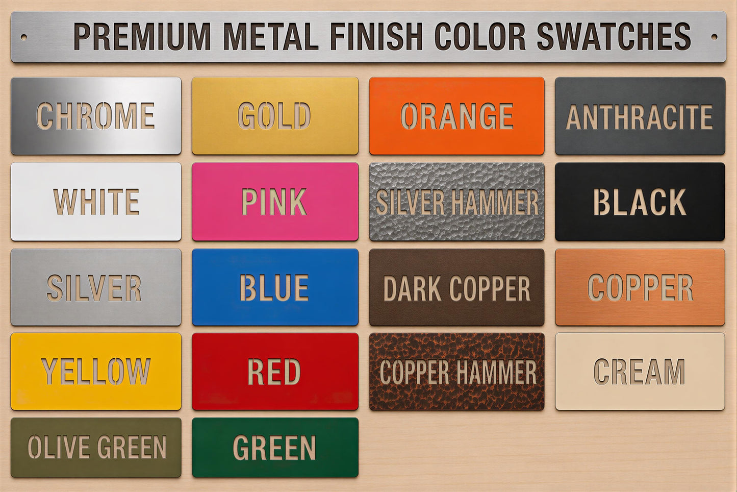 a collection of color swatches for premium metal finish color options, including chrome, gold, orange, antracite, white, pink, silver hammer, black, copper, yellow, red, copper hammer, and cream.