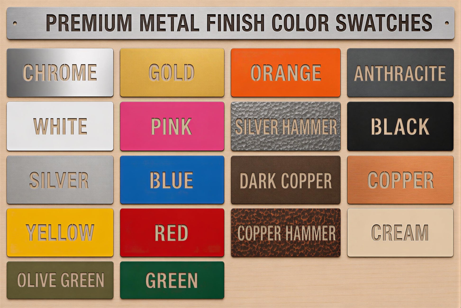 a collection of color swatches for premium metal finish color options, including chrome, gold, orange, antracite, white, pink, silver hammer, black, copper, yellow, red, copper hammer, and cream.