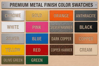 a collection of color swatches for premium metal finish color options, including chrome, gold, orange, antracite, white, pink, silver hammer, black, copper, yellow, red, copper hammer, and cream.