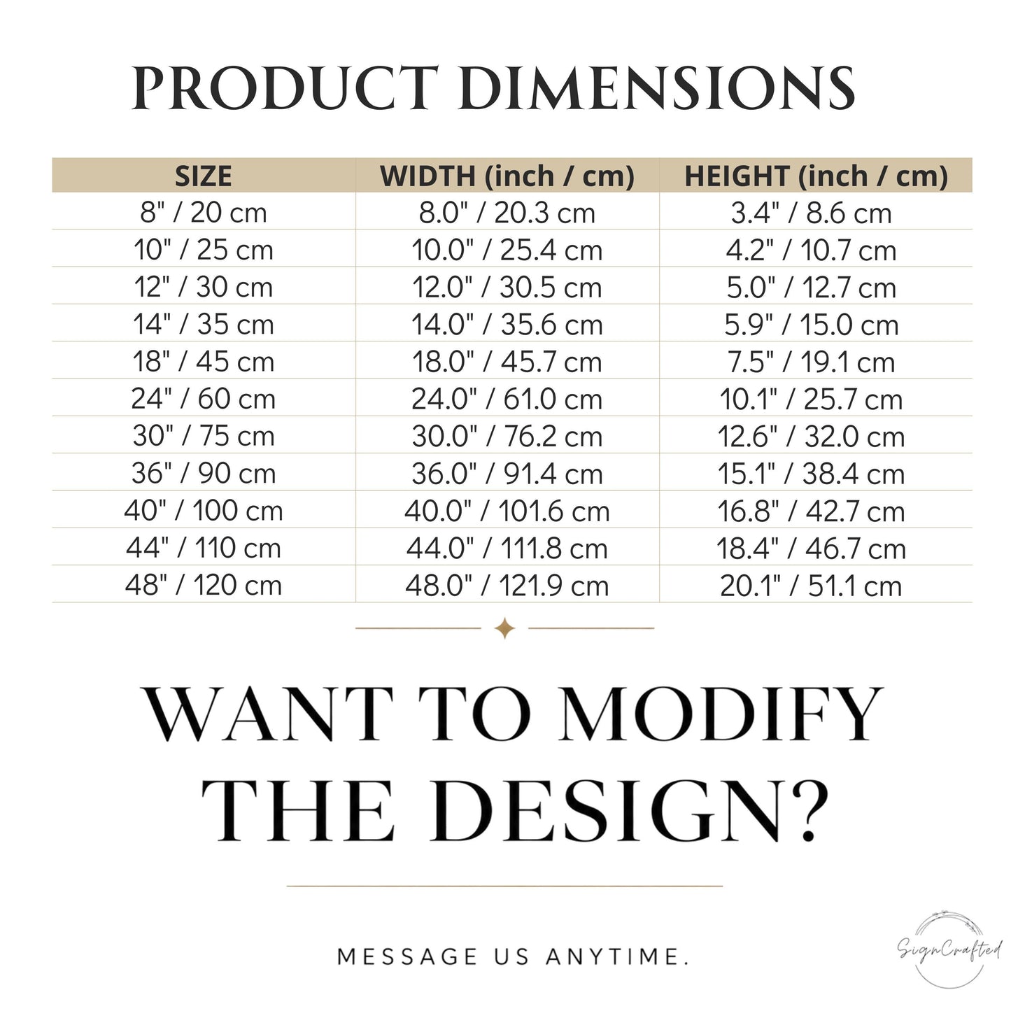 product dimensions and a message asking if the user wants to modify the design.
