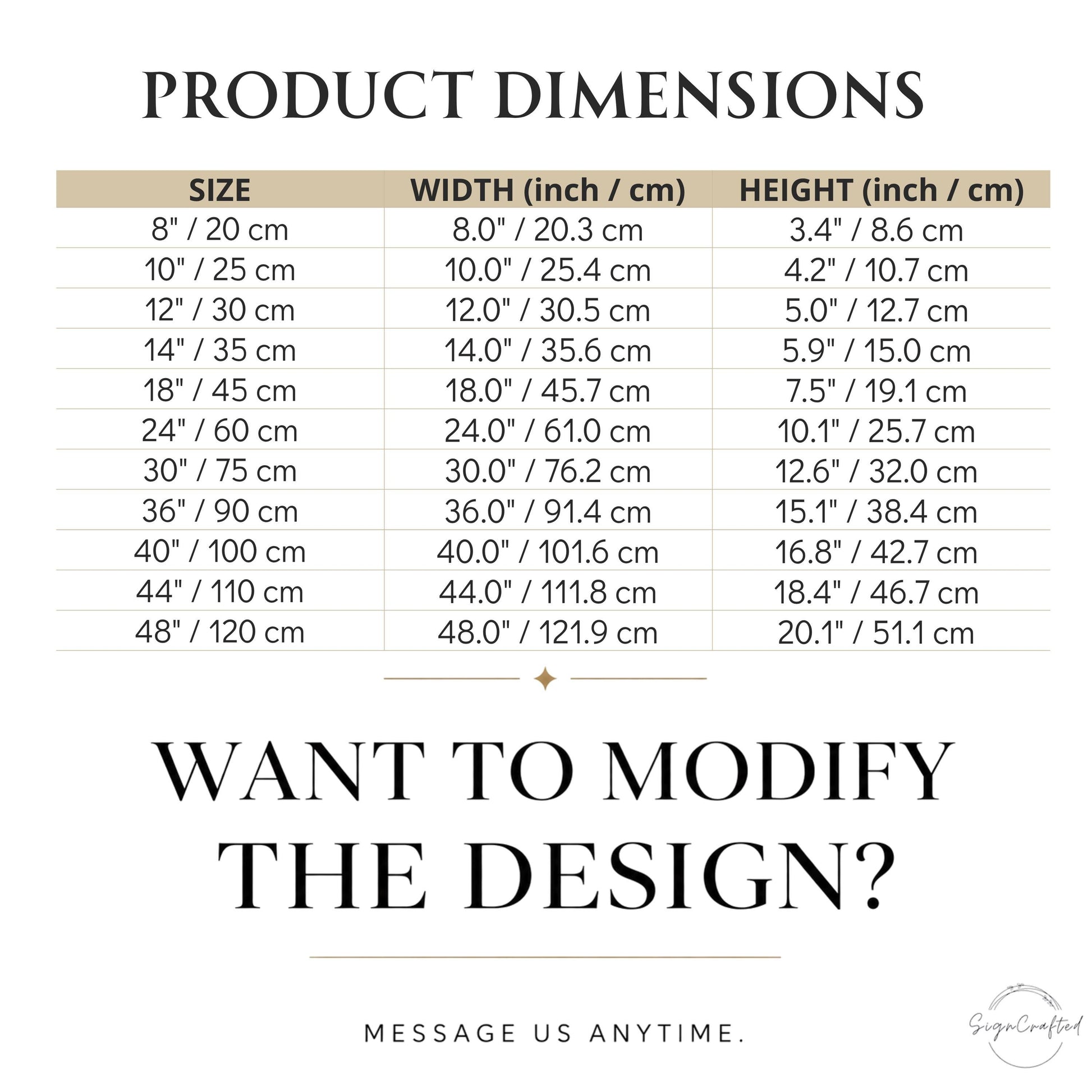 product dimensions and a message asking if the user wants to modify the design.