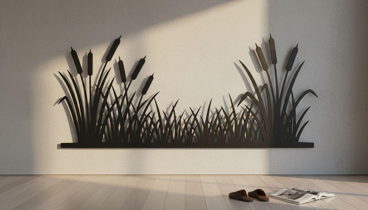 a wall with a large black silhouette of reeds or grasses, creating a striking visual effect. In front of the wall, there is a pair of brown shoes and an open book, suggesting a casual, relaxed setting.