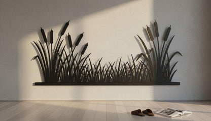 a wall with a large black silhouette of reeds or grasses, creating a striking visual effect. In front of the wall, there is a pair of brown shoes and an open book, suggesting a casual, relaxed setting.