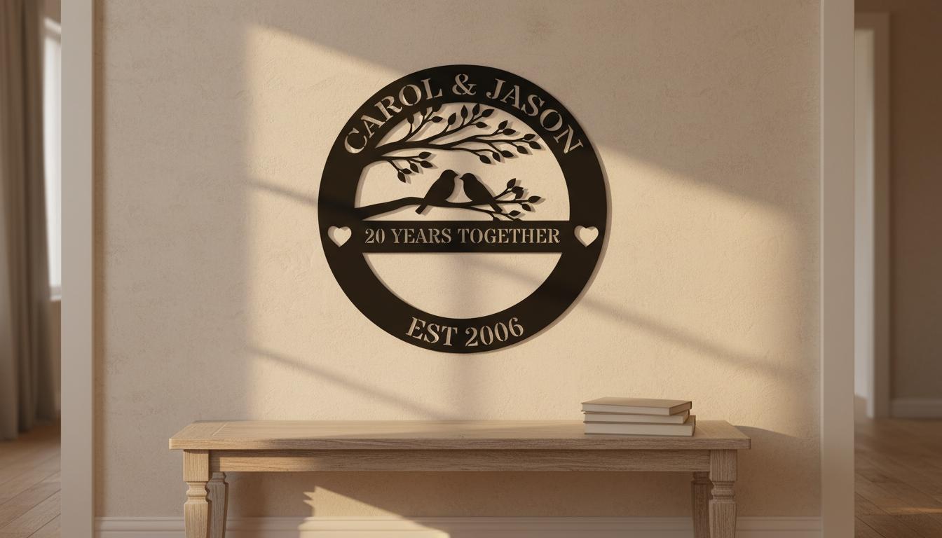 a wall-mounted sign that reads "CAROL & JASON 20 YEARS TOGETHER EST 2006" with a tree and two birds on a branch. Below the sign, there is a wooden bench with a stack of books on it.