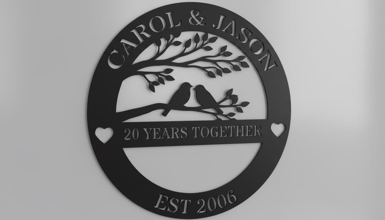 A black and white image of a decorative metal plaque with the text "CAROL & JASON" and "20 YEARS TOGETHER" along with the year "EST 2006" below it.