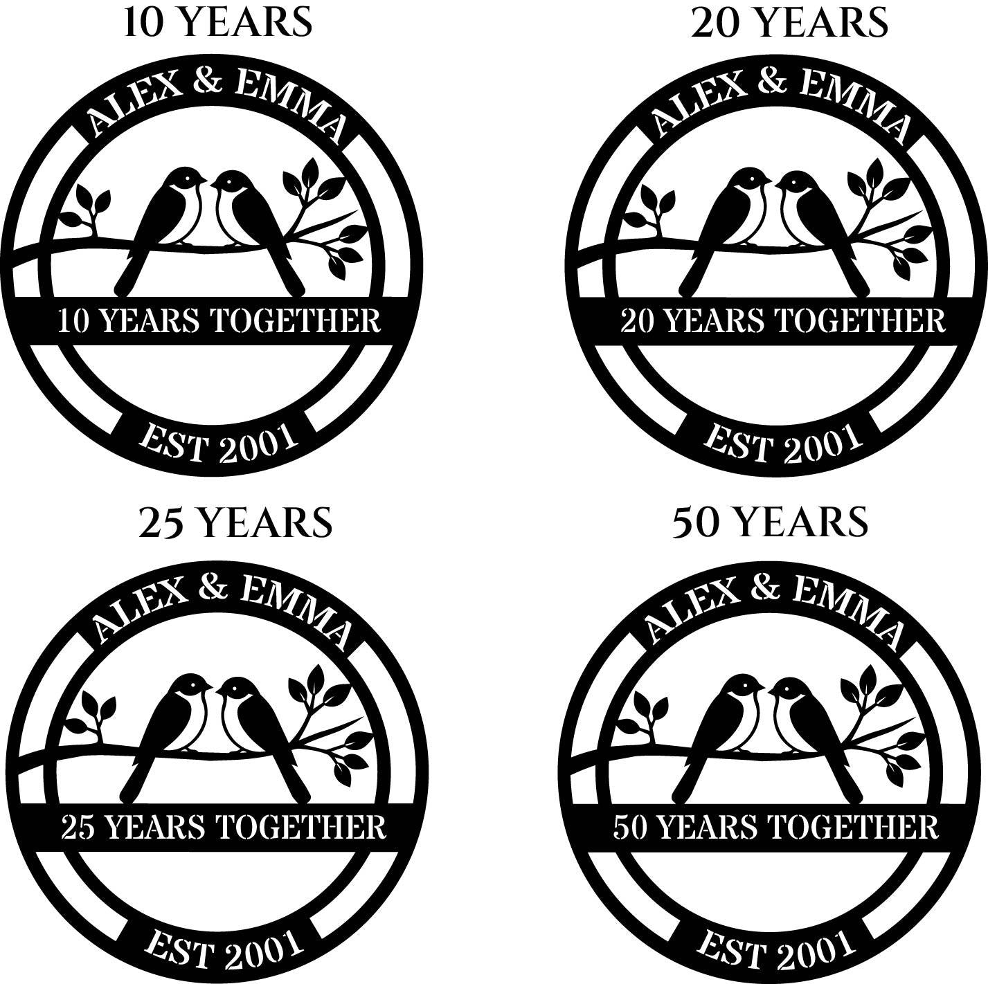 four identical circular logos, each celebrating the 25th and 50th years of a couple named Alex and Emma. The logos feature a pair of birds perched on a branch, symbolizing their lifelong commitment and love. The logos are arranged in a grid format, with each row containing one logo and each column containing one year. The logos are labeled with the text "25 YEARS" and "50 YEARS" to indicate the respective years of the couple's relationship.