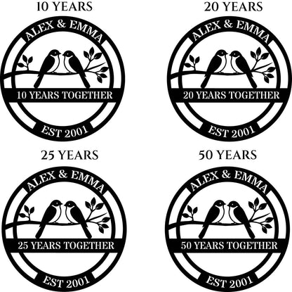 four identical circular logos, each celebrating the 25th and 50th years of a couple named Alex and Emma. The logos feature a pair of birds perched on a branch, symbolizing their lifelong commitment and love. The logos are arranged in a grid format, with each row containing one logo and each column containing one year. The logos are labeled with the text "25 YEARS" and "50 YEARS" to indicate the respective years of the couple's relationship.