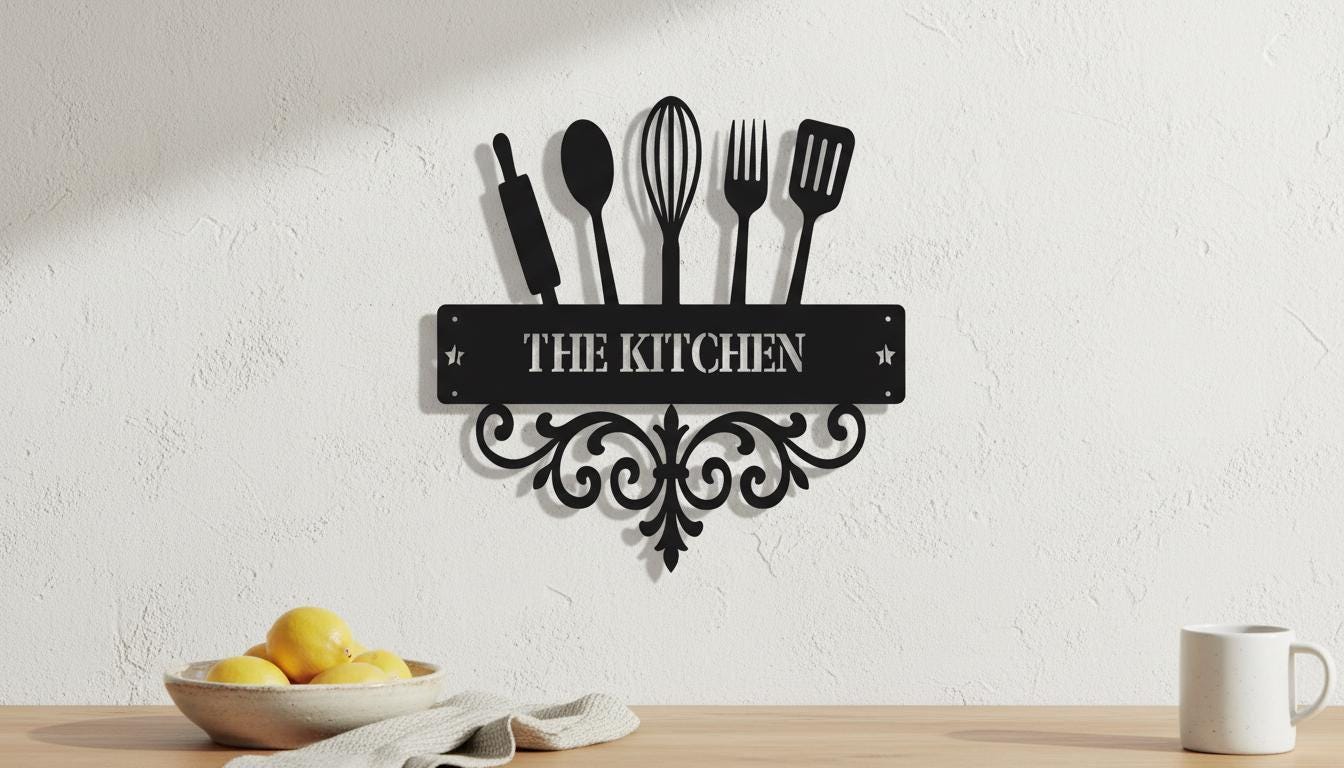 a kitchen-themed wall decoration with a black and white design of various kitchen utensils, including a rolling pin, a whisk, a spatula, and a ladle, arranged in a decorative manner. Below the utensils, there is a decorative banner that reads "THE KITCHEN". On a wooden table, there is a bowl of lemons and a white mug, creating a cozy and inviting atmosphere.