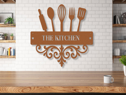 Personalized Kitchen Utensils Metal Sign Custom Family Name Wall Decor Baker Gift