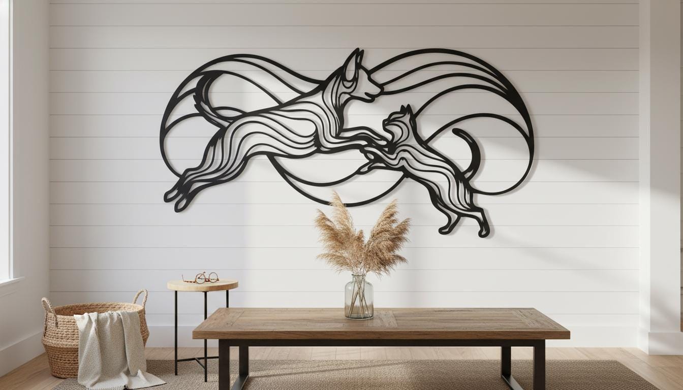a large black metal wall art depicting a stylized cat in mid-leap, with a wooden coffee table in the foreground and a woven basket to the left.