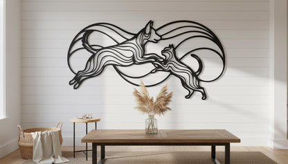 a large black metal wall art depicting a stylized cat in mid-leap, with a wooden coffee table in the foreground and a woven basket to the left.