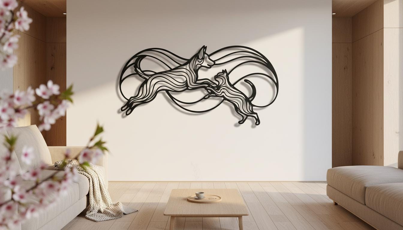 a modern living room with a large wall art piece depicting two cats in mid-leap, creating a dynamic and visually striking design.