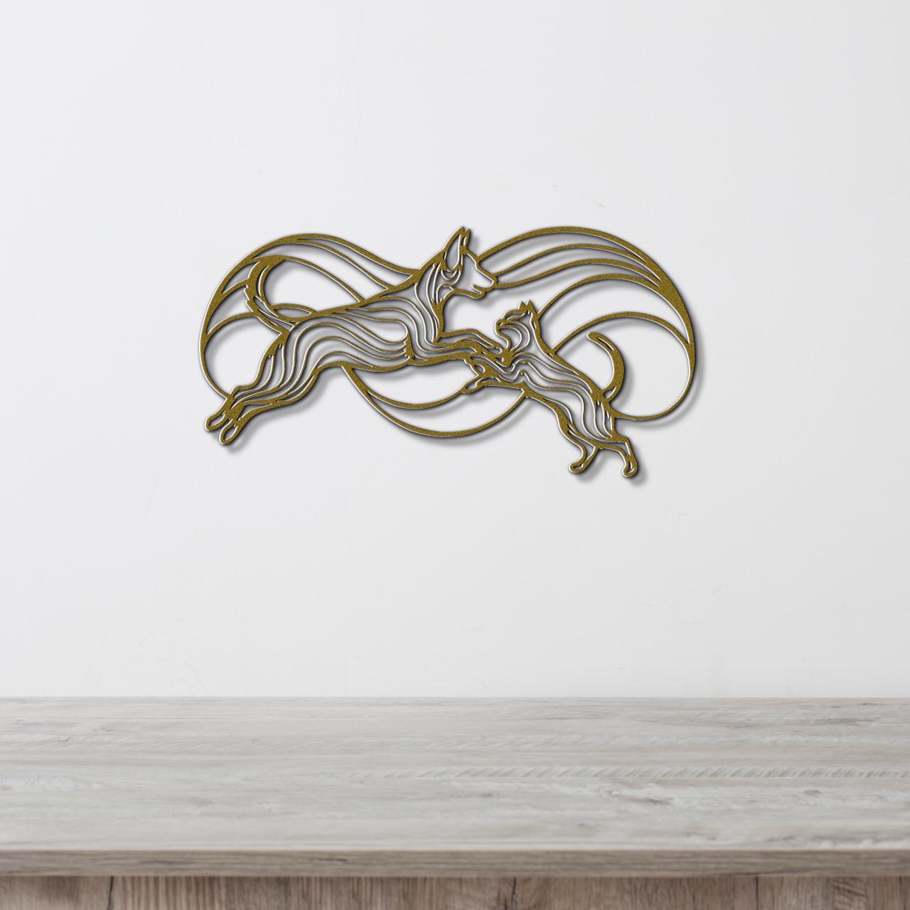 A decorative wall art piece depicting two stylized dogs in mid-leap, with a flowing, abstract design.