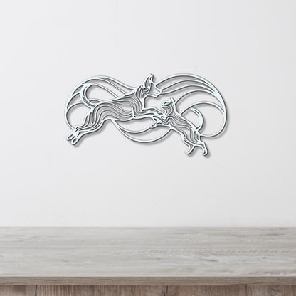 A decorative wall art piece depicting a stylized dog silhouette in mid-leap, with a wave-like pattern behind it, mounted on a white wall above a wooden surface.