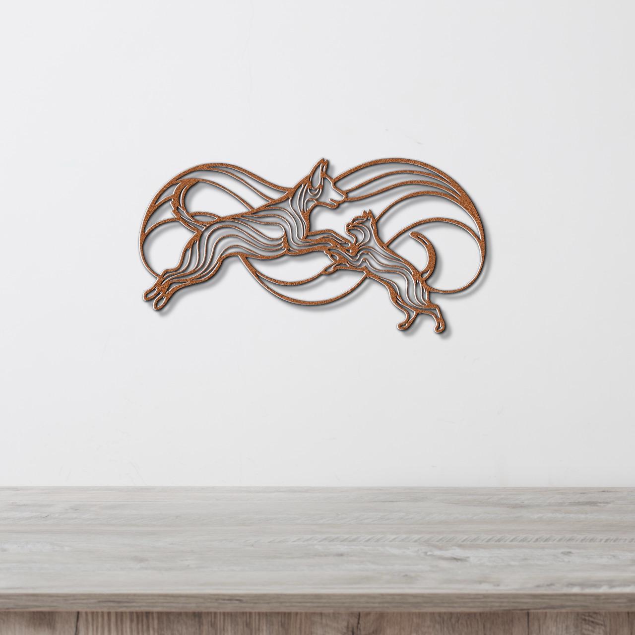 a decorative wall art piece depicting two stylized dogs in mid-leap, with a flowing, abstract design.