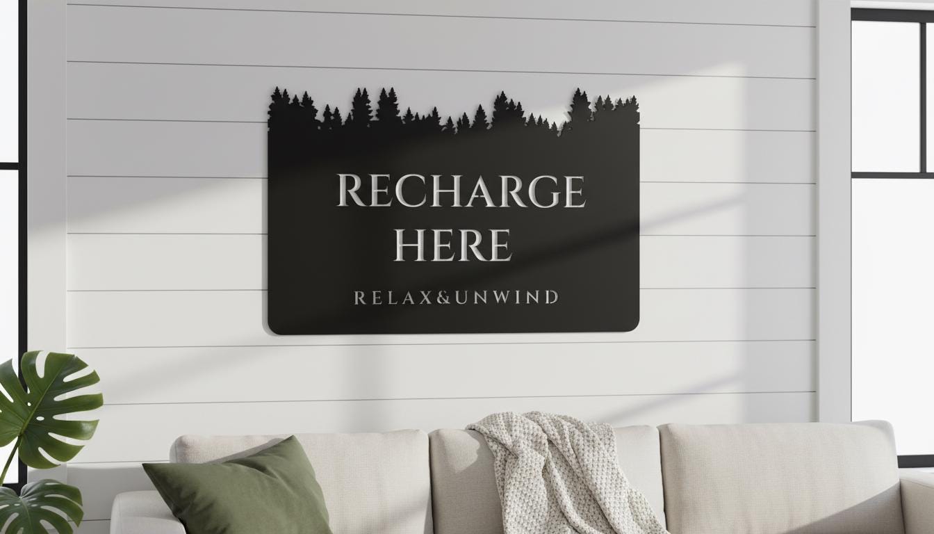 a black sign with white text that says "RECHARGE HERE" and "RELAX&UNWIND" on a white wall.