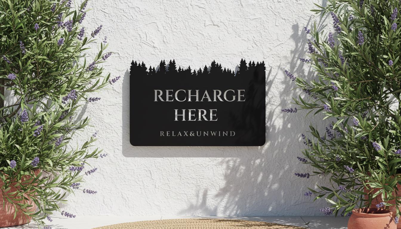 a sign that reads "RECHARGE HERE" with the phrase "RELAX&UNWIND" below it. The sign is mounted on a wall, and there are potted plants on either side of it.