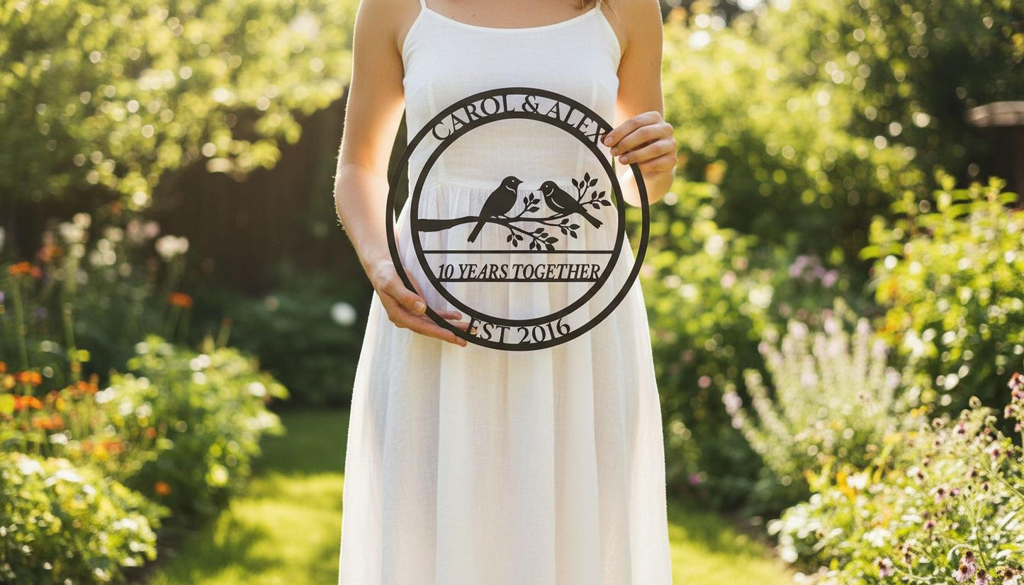 A woman in a white dress holds a metal sign with the text "CAROL & ALEX 10 YEARS TOGETHER EST 2016" in front of a garden with flowers.