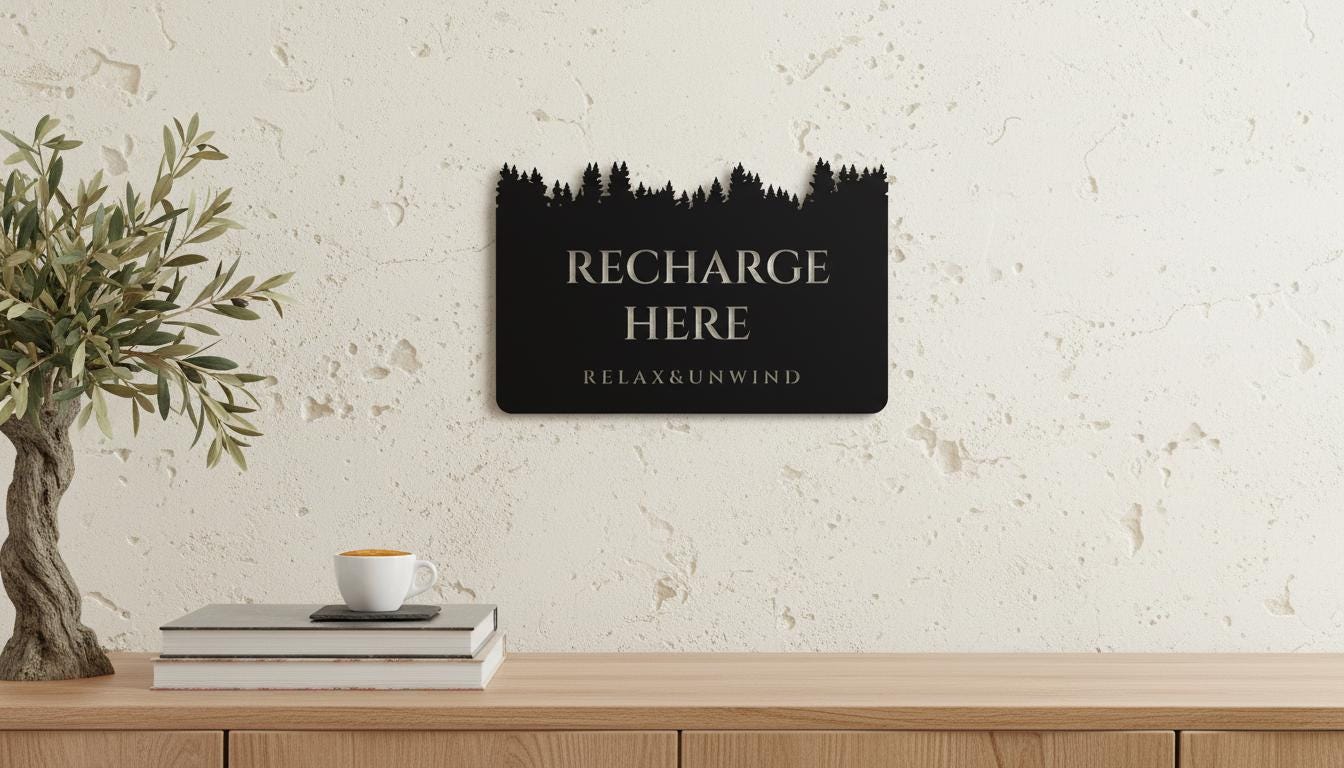 a wooden shelf with a stack of books, a white mug, and a potted plant. Above the shelf, there is a black sign with the text "RECHARGE HERE" and "RELAX & UNWIND" written on it.