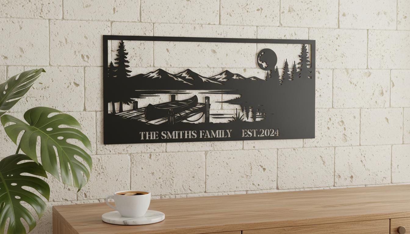 a wall art depicting a serene landscape with a lake, mountains, and a boat, mounted on a wall above a wooden table with a white coffee cup on it.