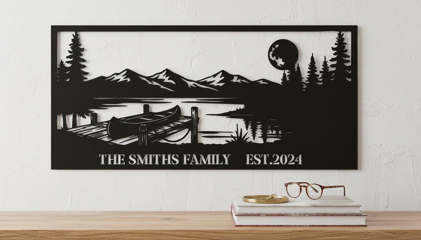 a black and white silhouette of a lake with a dock, mountains in the background, and a full moon. The text "THE SMITH'S FAMILY EST.2024" is displayed below the silhouette.