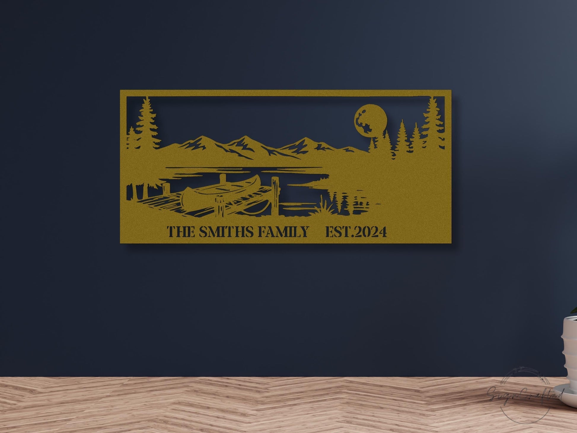 Personalized Canoe Dock Mountain Scene Metal Wall Art, Custom Family Name Lake House Decor