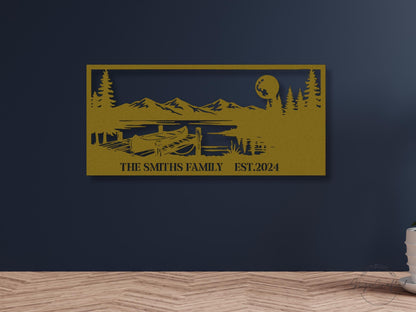 Personalized Canoe Dock Mountain Scene Metal Wall Art, Custom Family Name Lake House Decor